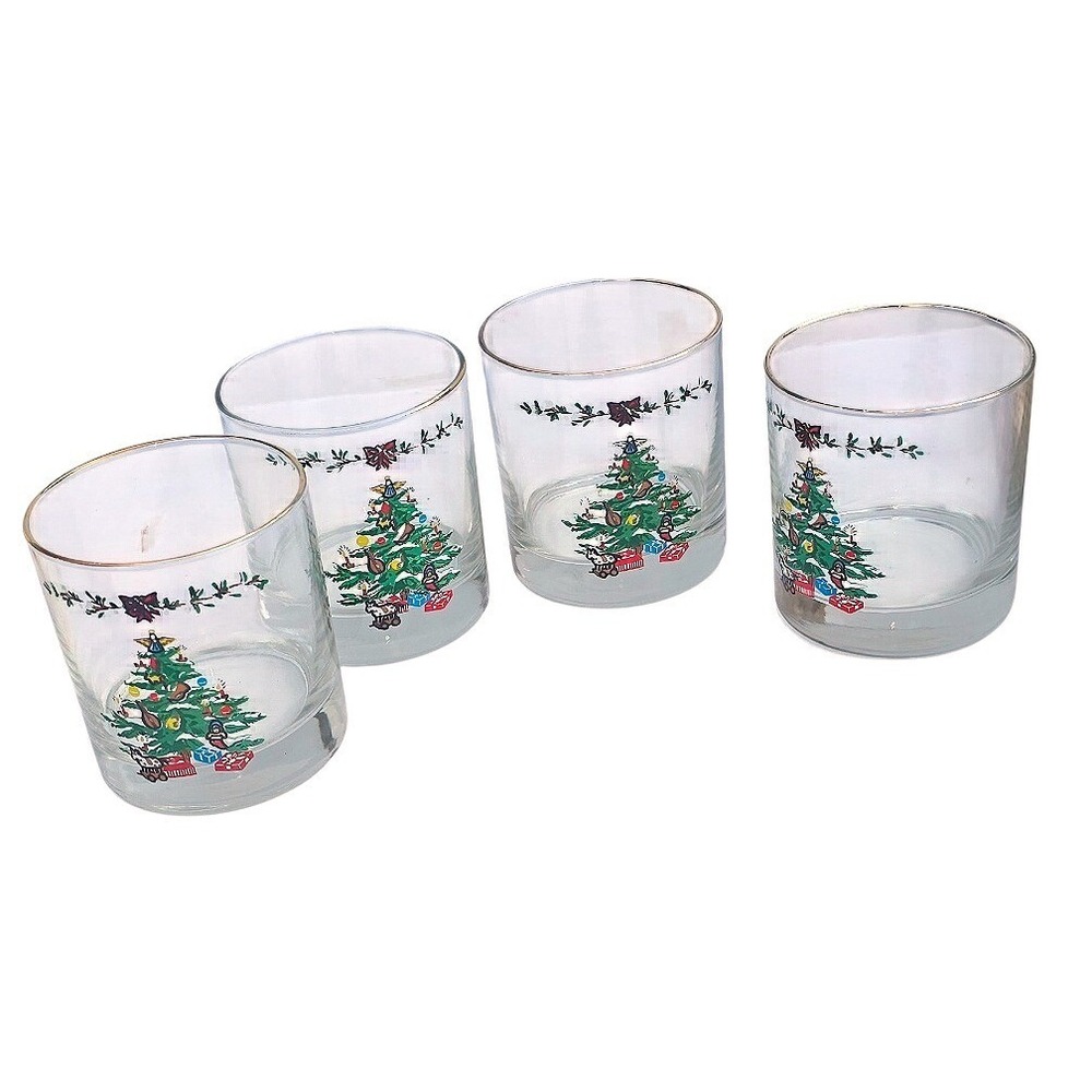 Vintage Christmas Tree Lowball Glasses Gold Rim Holiday Rocks Glass Set 4 spode